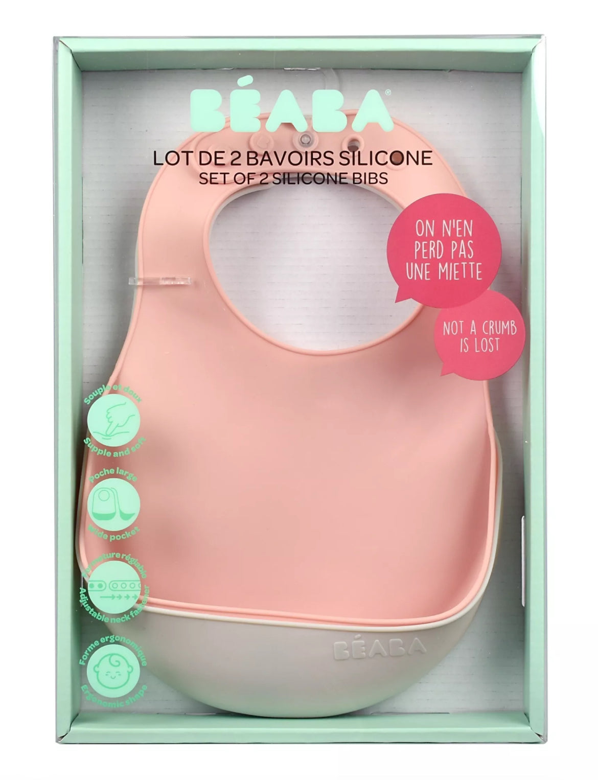 Lot de 2 bavoirs silicone BEABA - ROSE/GRIS BB Cigogne